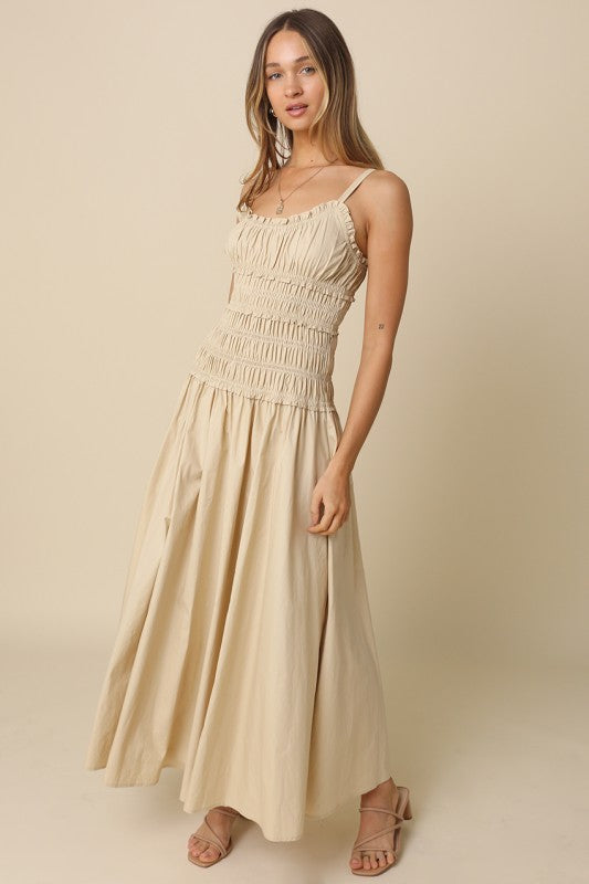 Sleeveless Smocked Maxi Dress Khaki