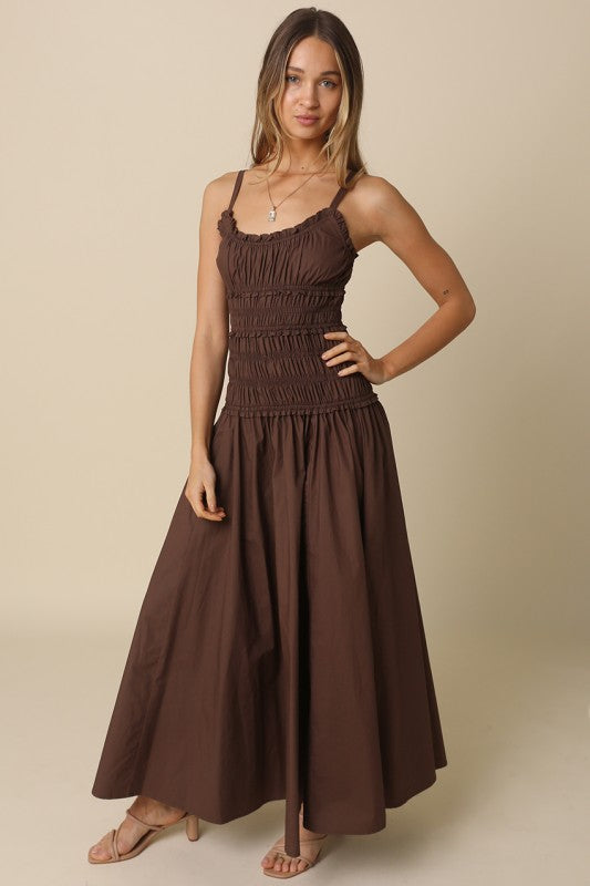 Sleeveless Smocked Maxi Dress Brown