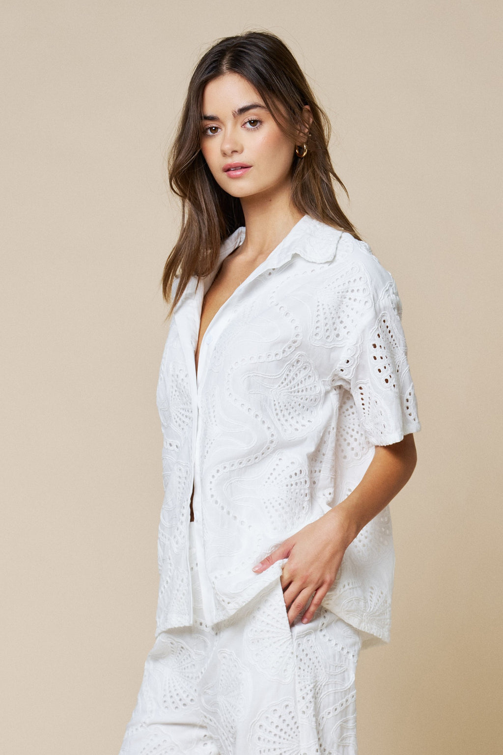 Short Sleeve Button Down Embroidered Eyelet Top White