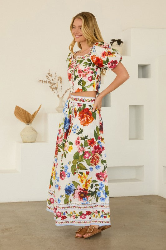 High Waist Floral Print Maxi Skirt White