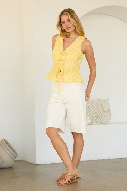 Sleeveless Front Tie Stripe Print Peplum Top Yellow