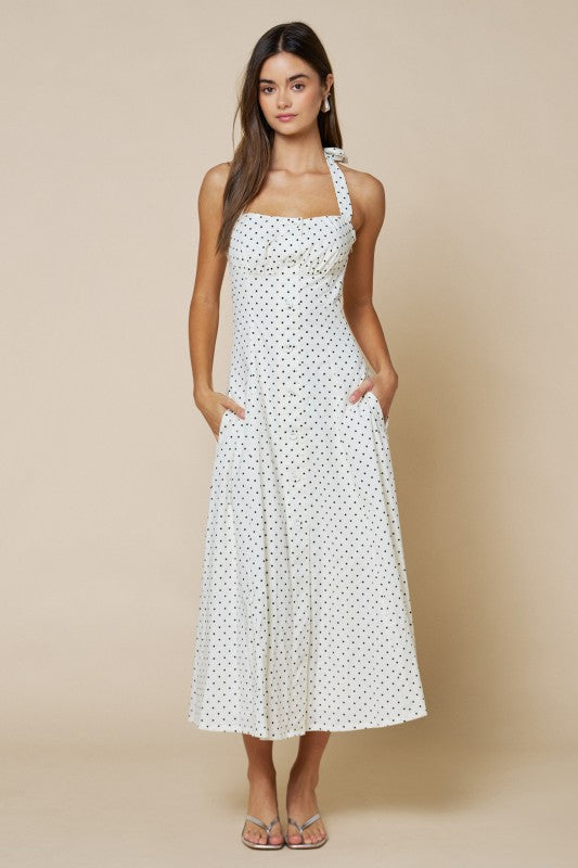 Sleeveless Halter Button Down Polka Dot Print Maxi Dress White