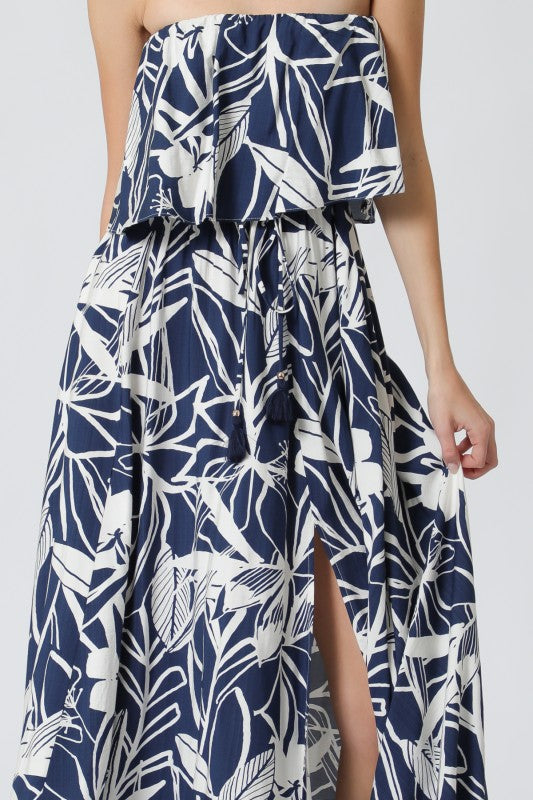 Sleeveless Waist Tie Tropical Print Maxi Dress Navy