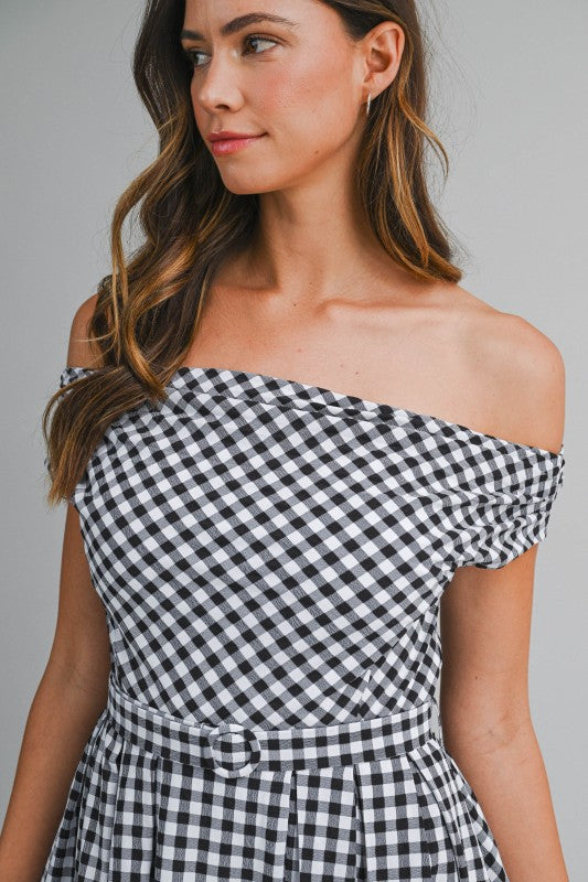Off The Shoulder Belted Gingham Print Midi Dress Black