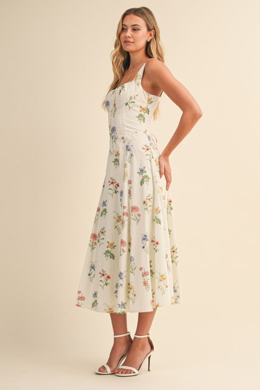 Kariann Sleeveless A-Line Floral Print Midi Dress Cream LARGE