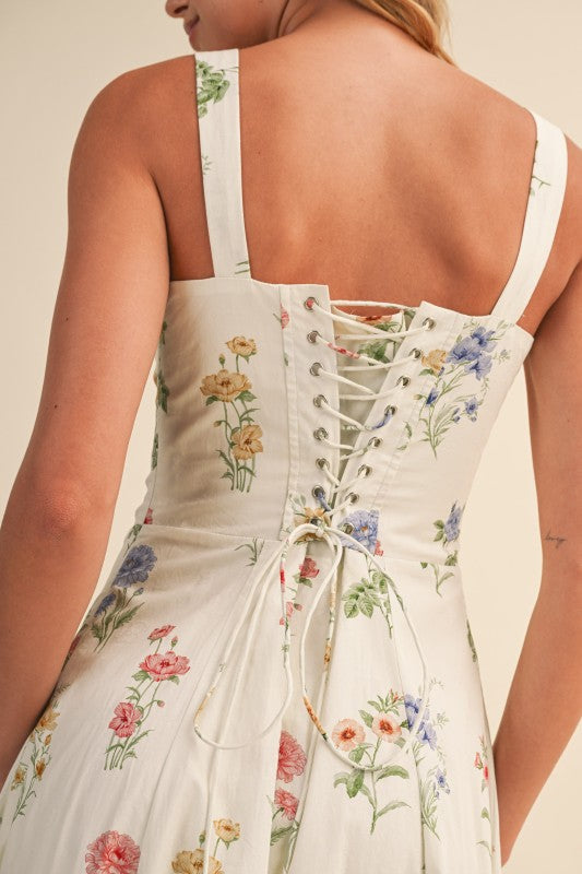 Kariann Sleeveless A-Line Floral Print Midi Dress Cream