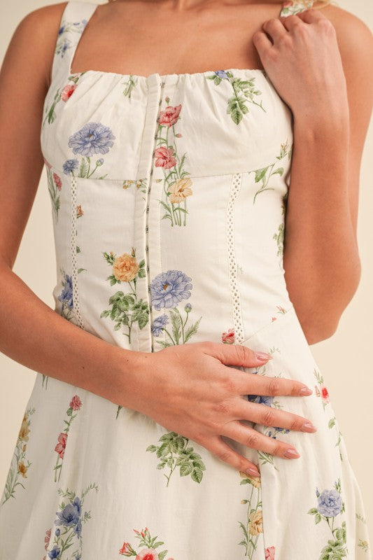 Kariann Sleeveless A-Line Floral Print Midi Dress Cream LARGE