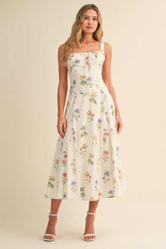 Kariann Sleeveless A-Line Floral Print Midi Dress Cream LARGE