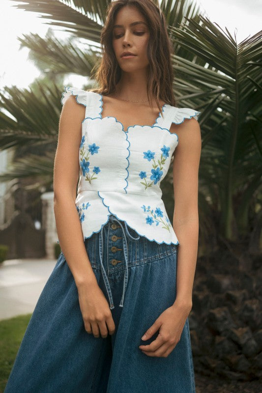  Sleeveless Embroidered Floral Peplum Top White