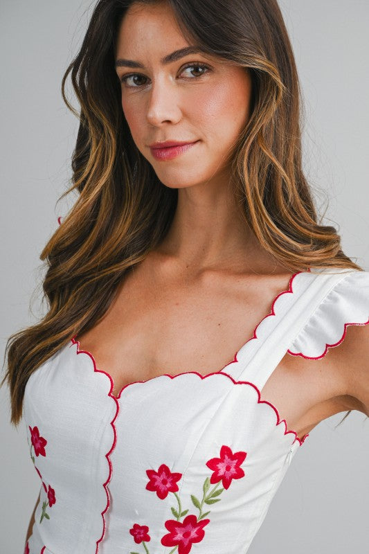 Sleeveless Embroidered Floral Peplum Top Red