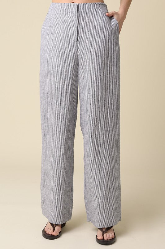 High Waist Stripe Print Wide Leg Linen Pants Blue