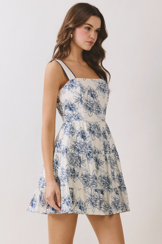 Sleeveless Floral Print Mini Dress Blue