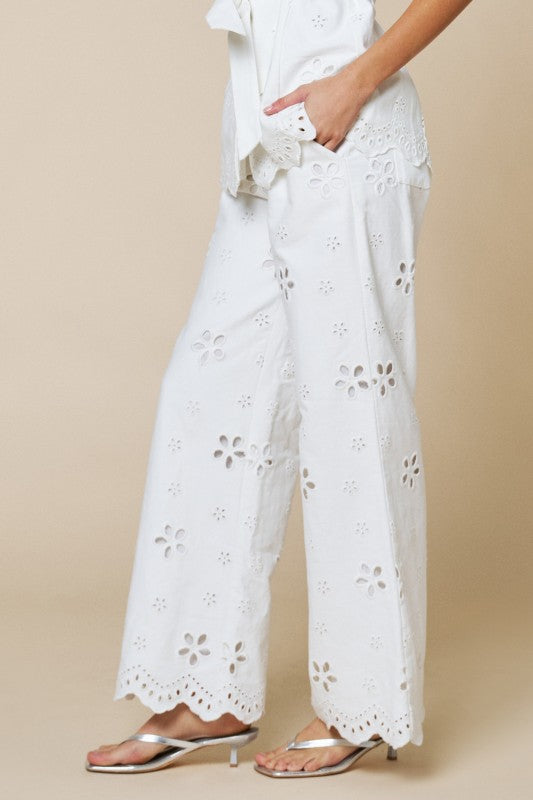 High Waist Embroidered Eyelet Floral Wide Leg Pants White