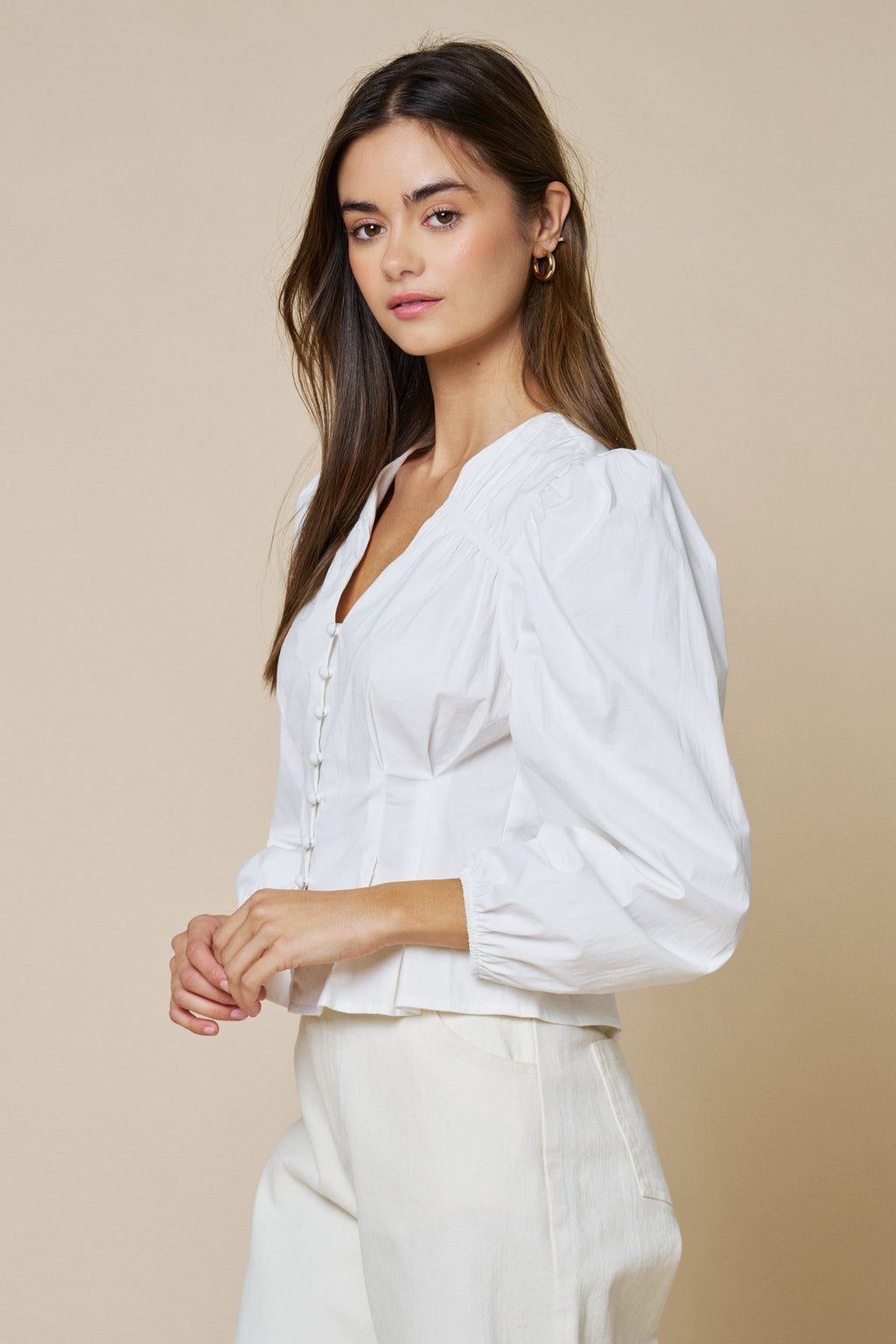  Long Balloon Sleeve Button Down Pleated Peplum Top White