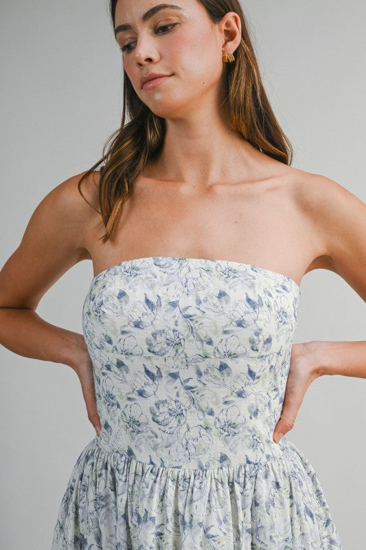 Sleeveless Floral Print Midi Dress Blue