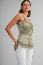 Sleeveless Dreamy Lace Trim Satin Cami Top Light Mocha