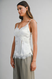 Sleeveless Dreamy Lace Trim Satin Cami Top Cream