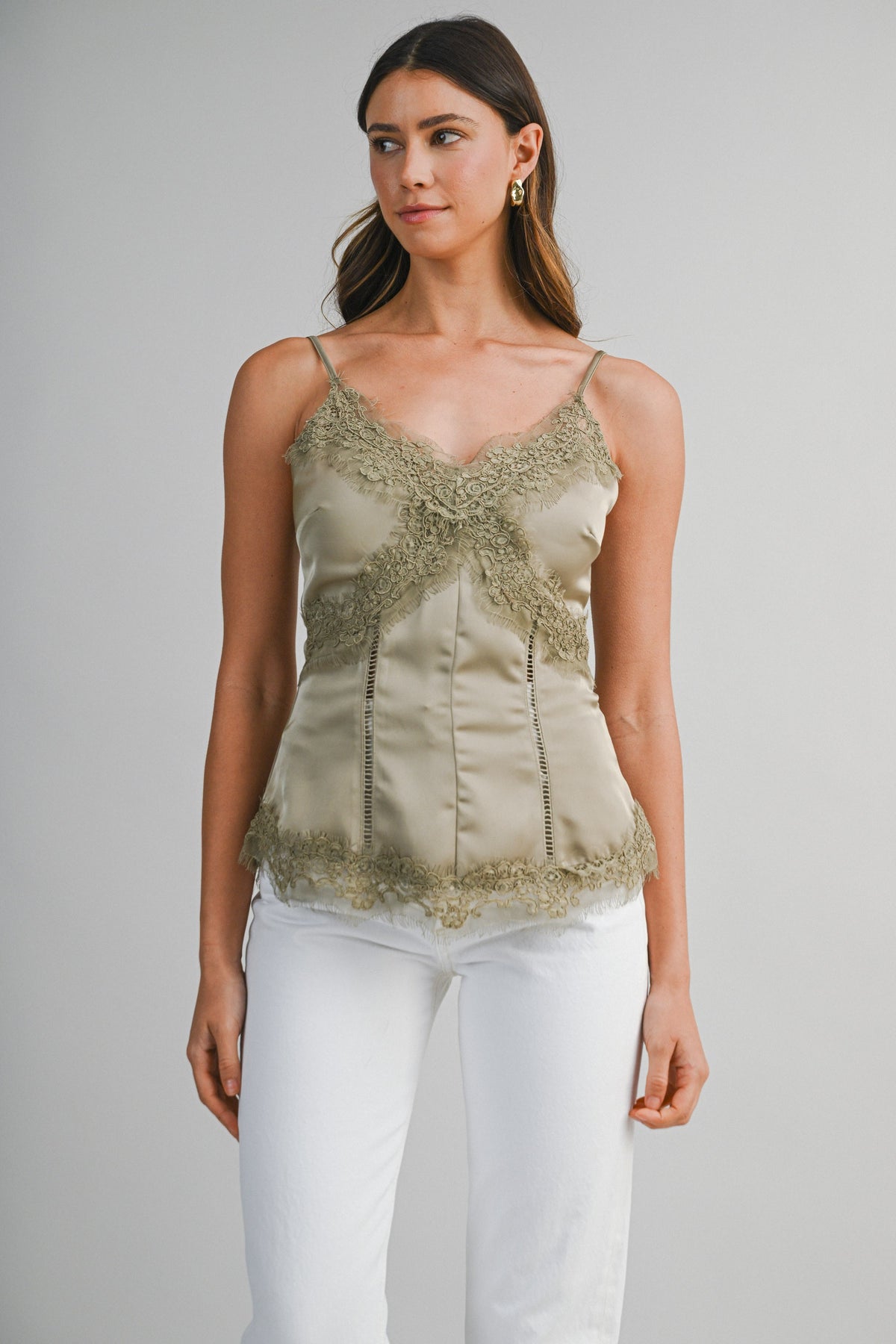 Sleeveless Dreamy Lace Trim Satin Cami Top Light Mocha