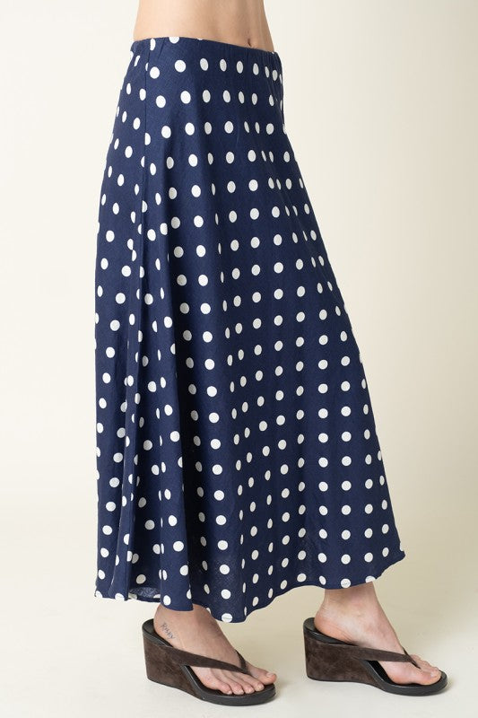 High Waist Polka Dot Print Maxi Skirt Navy