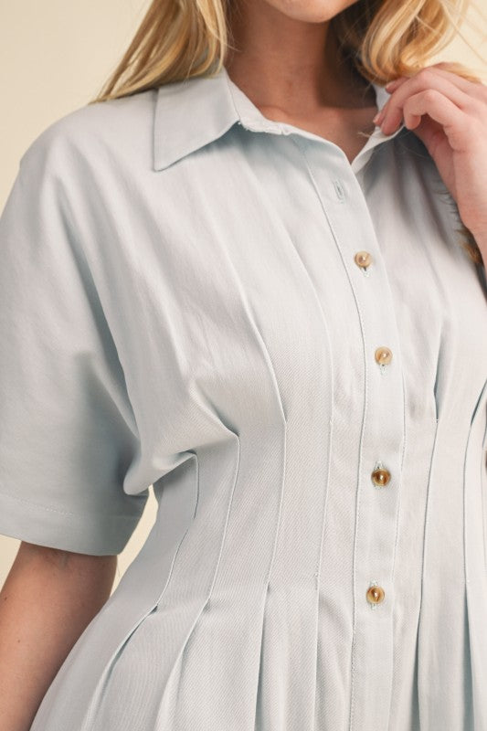 Short Sleeve Button Front Wide Leg Jumpsuit Blue