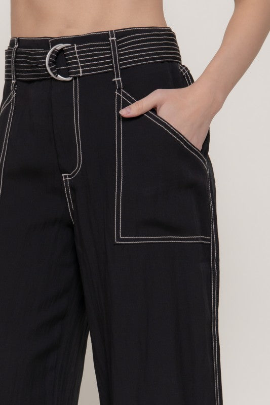 High Waist Belted Contrast Stitch Wide Leg Pants Black