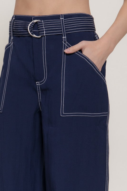 High Waist Belted Contrast Stitch Wide Leg Pants Navy