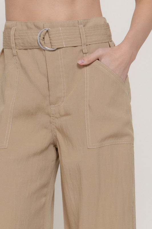 High Waist Belted Contrast Stitch Wide Leg Pants Khaki