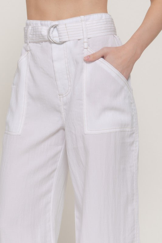 High Waist Belted Contrast Stitch Wide Leg Pants White