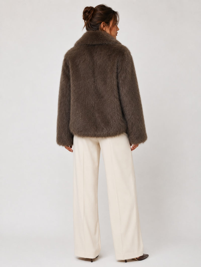  Long Sleeve Faux Fur Jacket Brown
