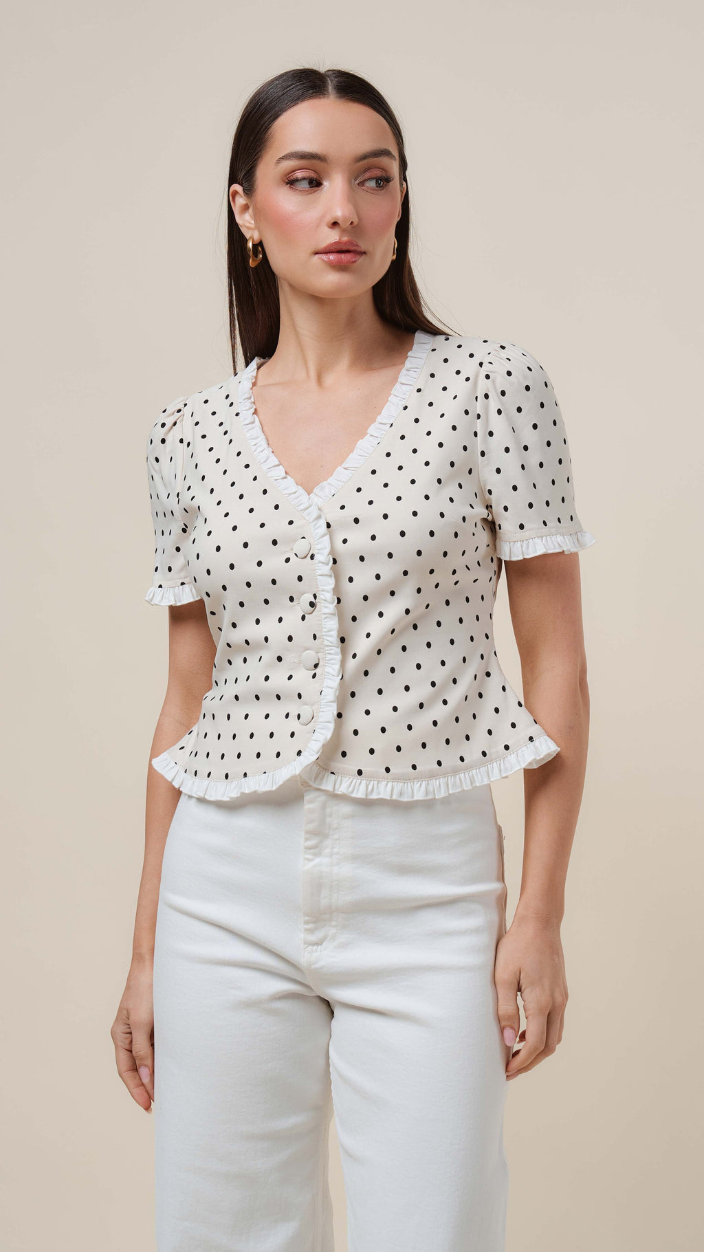 Short Sleeve Button Down Playful Polka Dot Print Top Natural