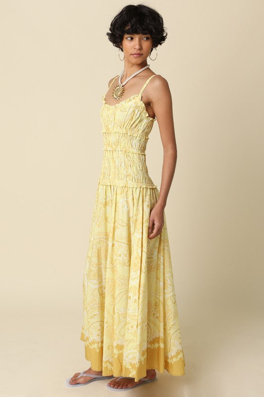 Sleeveless Smocked Paisley Print Maxi Dress Yellow