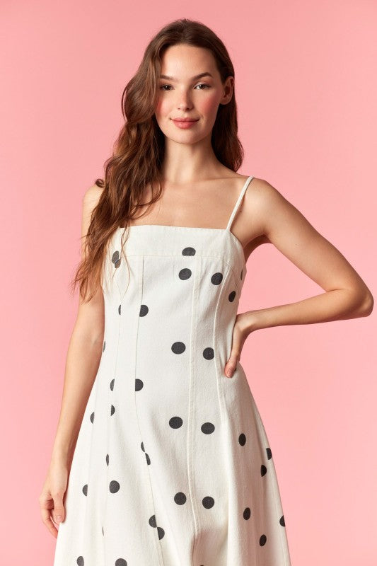 Sleeveless Denim Polka Dot Print Midi Dress White