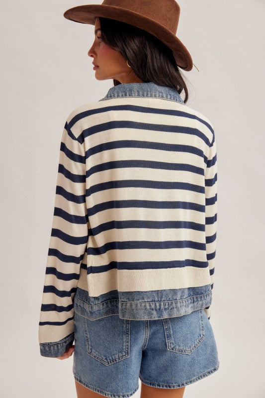 Amelia Long Sleeve Knit Denim Trim Stripe Print Shacket Navy – Miss ...