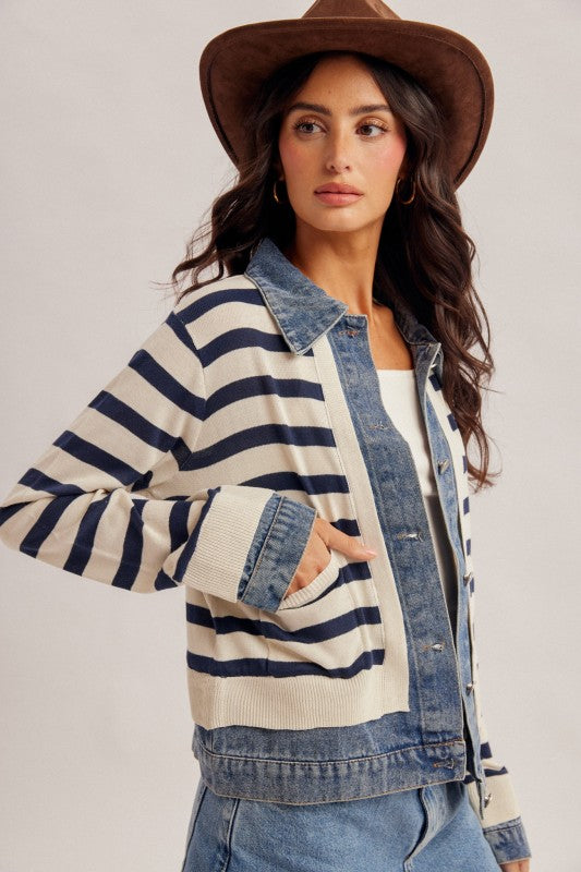 Long Sleeve Knit Denim Trim Stripe Print Shacket Navy