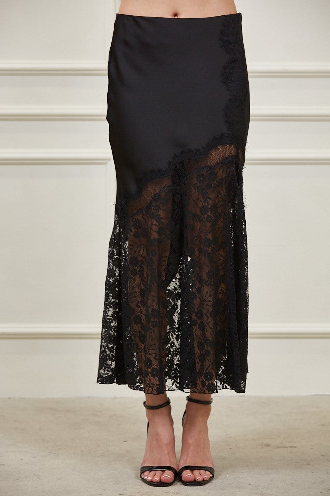 High Waist Satin And Lace Flared Hem Midi Skirt Black
