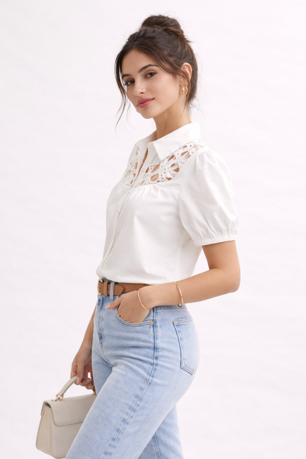 Short Puff Sleeve Contemporary Cut Out Moment Button Down Top White