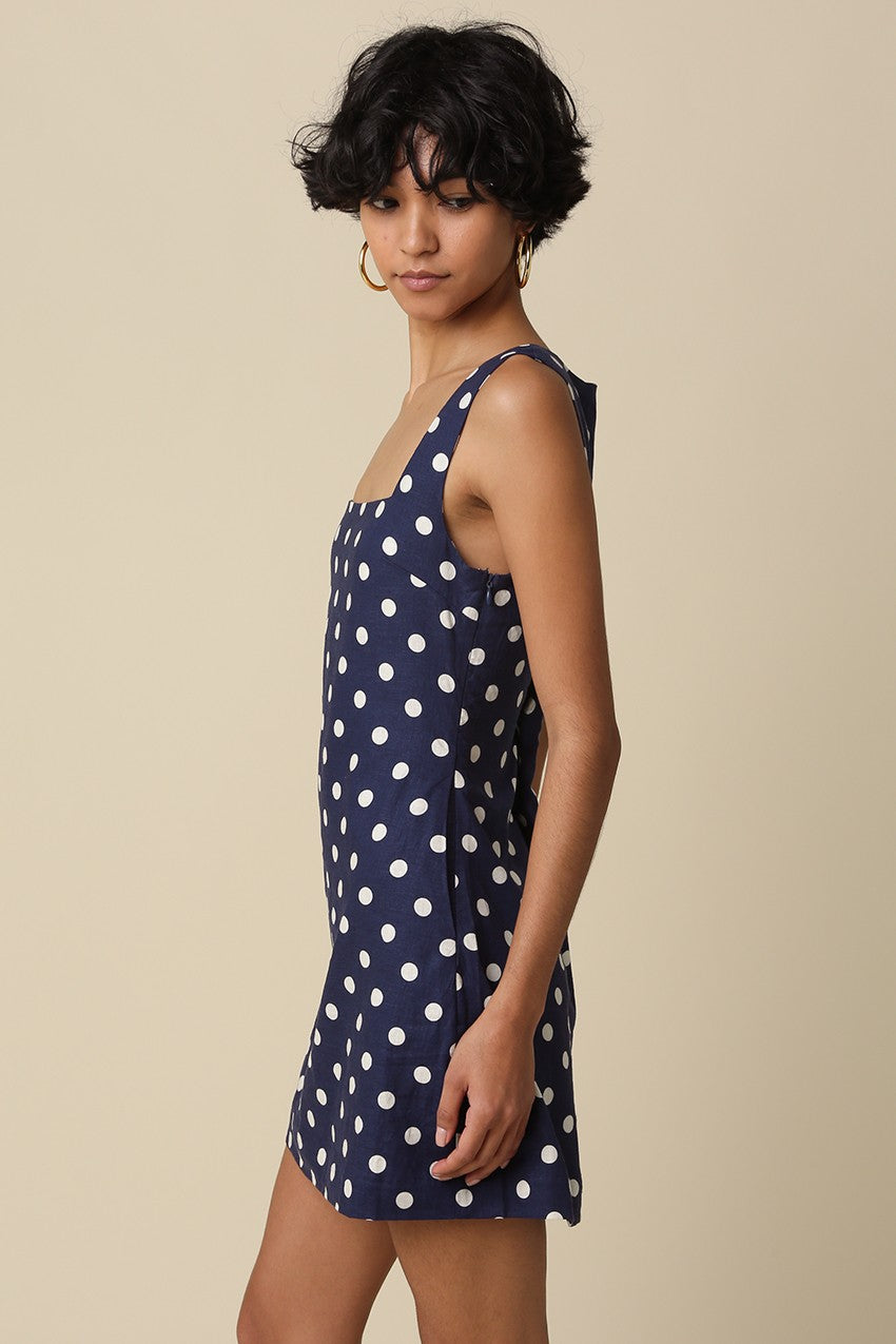 Sleeveless Polka Dot Print Linen Mini Dress Navy