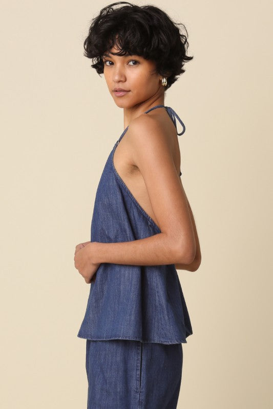 Sleeveless Halter Back Tie Denim Top Blue