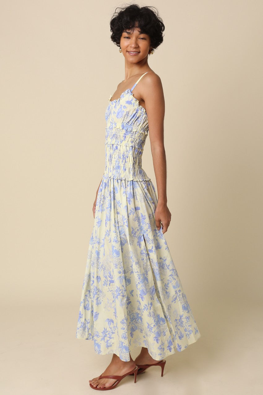 Sleeveless Smocked Floral Print Maxi Dress Blue