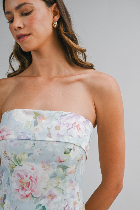 Sleeveless Floral Print Midi Dress Blue