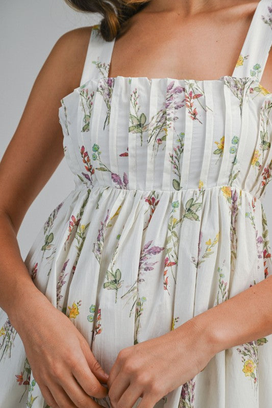 Sleeveless Pleated Floral Print Mini Dress Cream