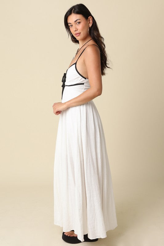 Sleeveless Open Back Contrast Tie Maxi Dress White