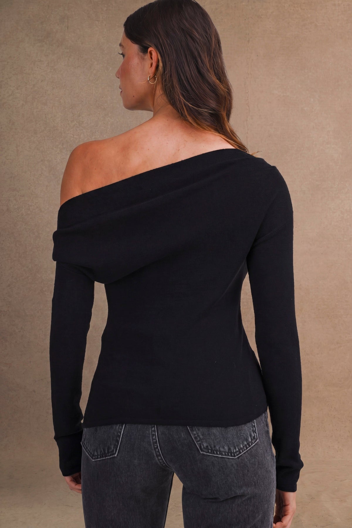One Shoulder Long Sleeve Asymmetrical Knit Top Black