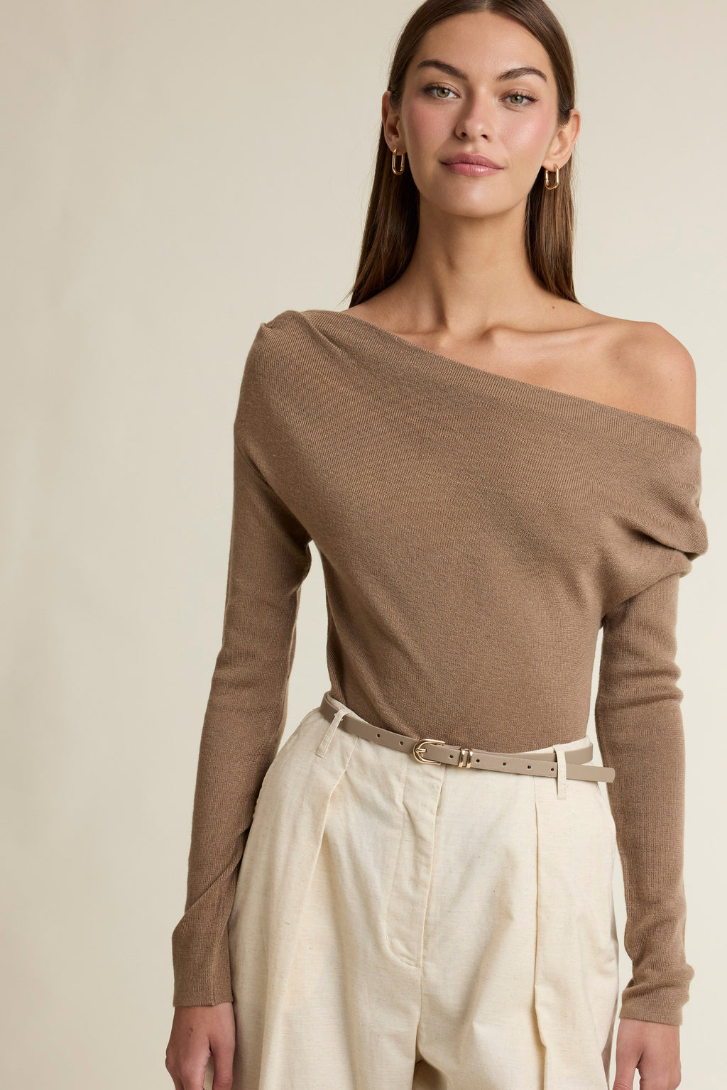 One Shoulder Long Sleeve Asymmetrical Knit Top Brown