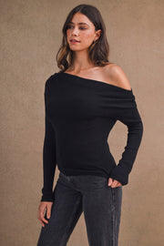 One Shoulder Long Sleeve Asymmetrical Knit Top Black