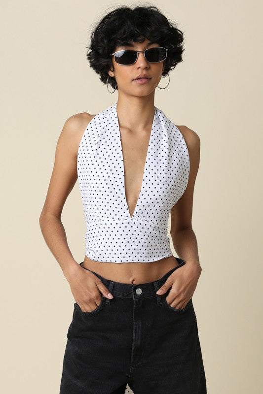 Sleeveless Halter Open Back Polka Dot Print Top Ivory