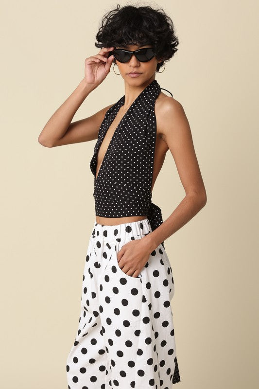 Sleeveless Halter Open Back Polka Dot Print Top Black