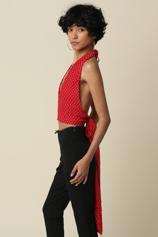 Sleeveless Halter Open Back Polka Dot Print Top Red