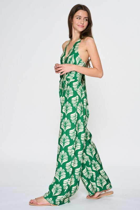 Sleeveless Halter Leaf Print Wide Leg Jumpsuit Green
