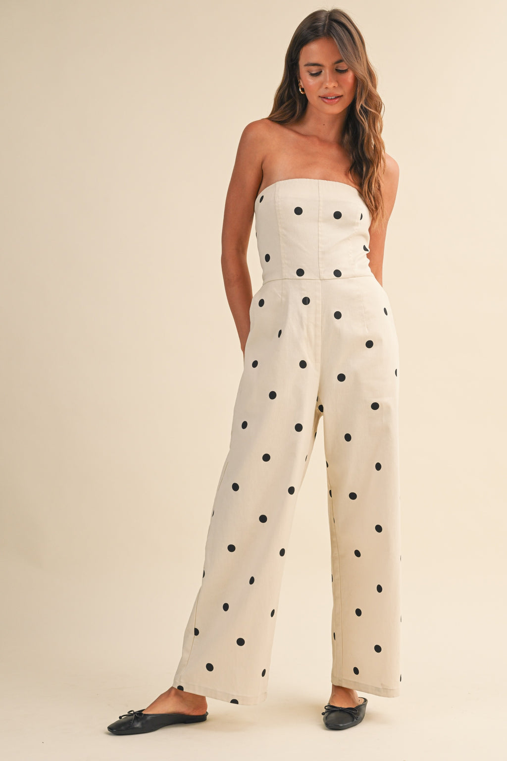 Sleeveless Polka Dot Print Wide Leg Jumpsuit Cream